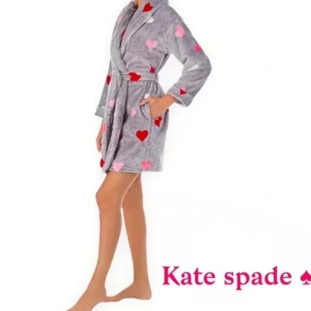 Kate Spade NY Womens XS/S Plush Hearts Gray Soft Short Robe